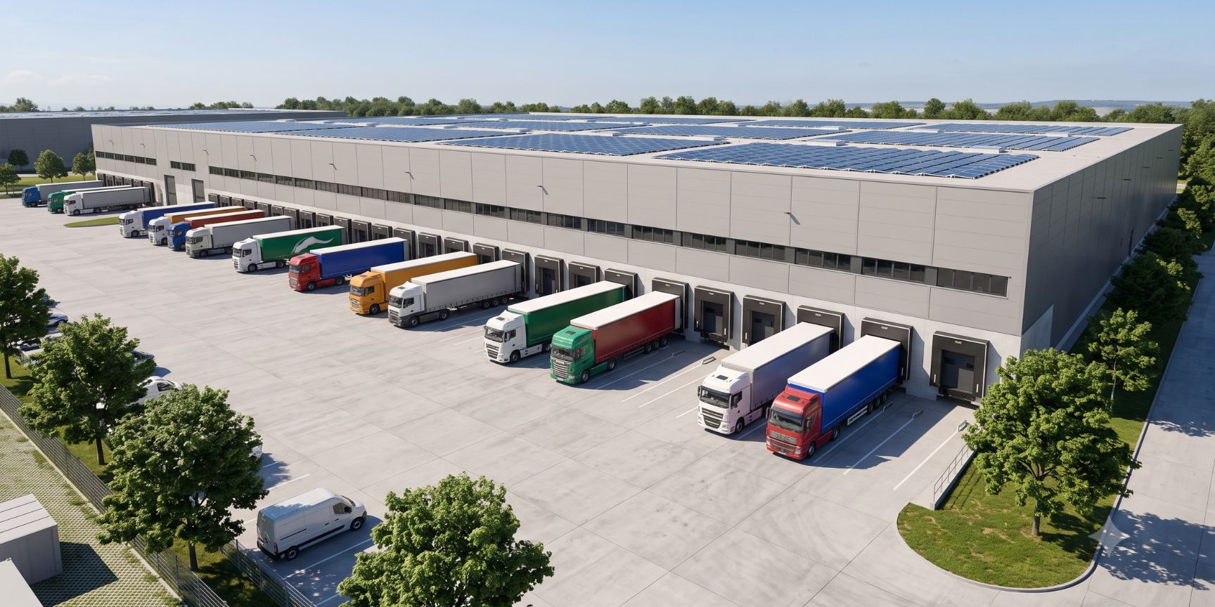 Large, modern dry warehouse, logistics property Exterior view with many trucks at loading yards for loading, multi-user concept for different industries, no text.